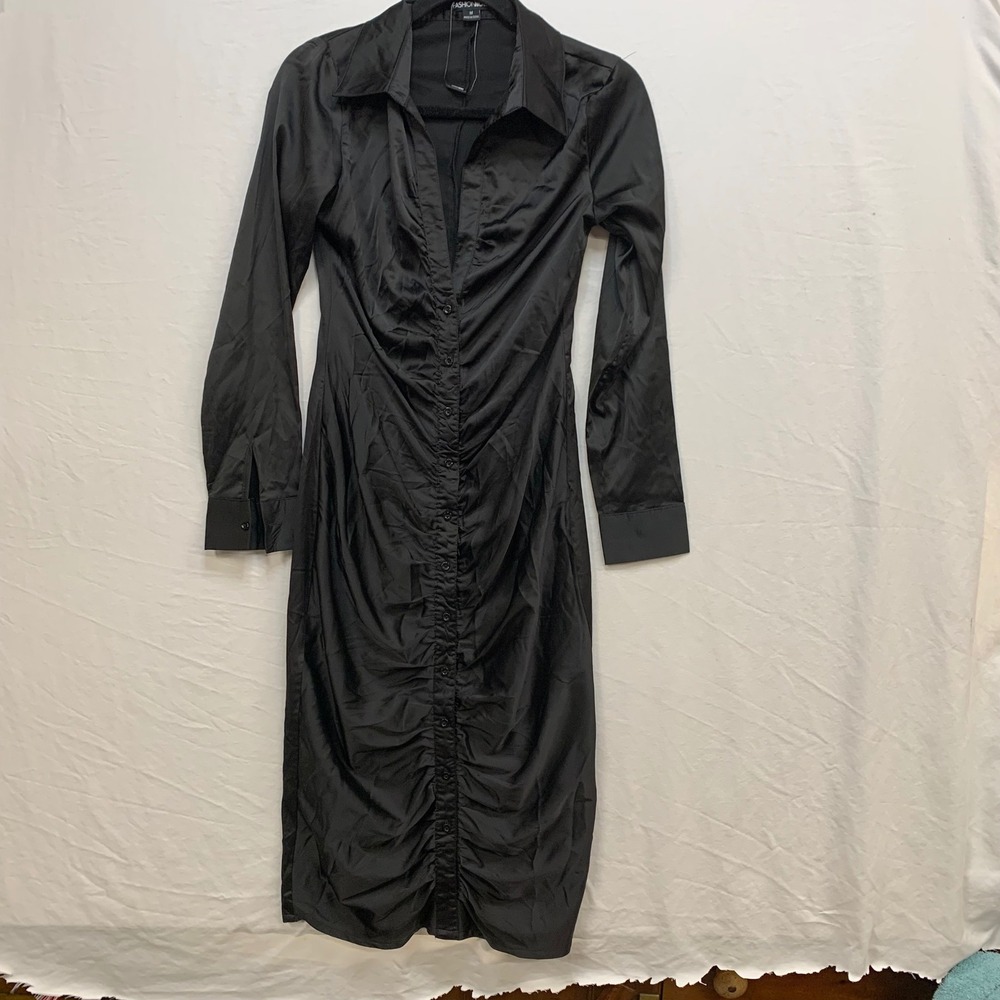 Fashion Nova Black Ruched Button Front Satin Midi Dress D864AZSFN Womens Medium